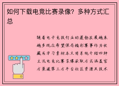 如何下载电竞比赛录像？多种方式汇总
