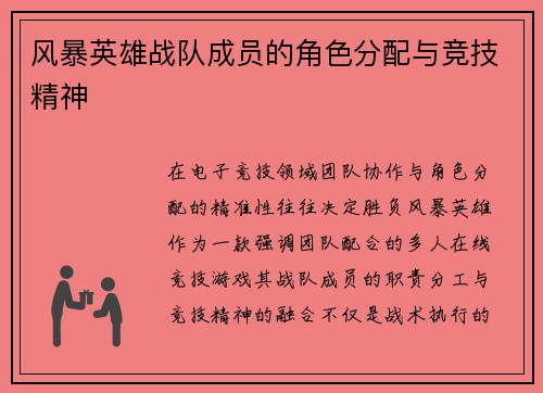 风暴英雄战队成员的角色分配与竞技精神