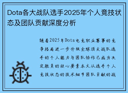 Dota各大战队选手2025年个人竞技状态及团队贡献深度分析